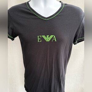Emporio Armani Black V-Neck Tee with Neon Green Logo